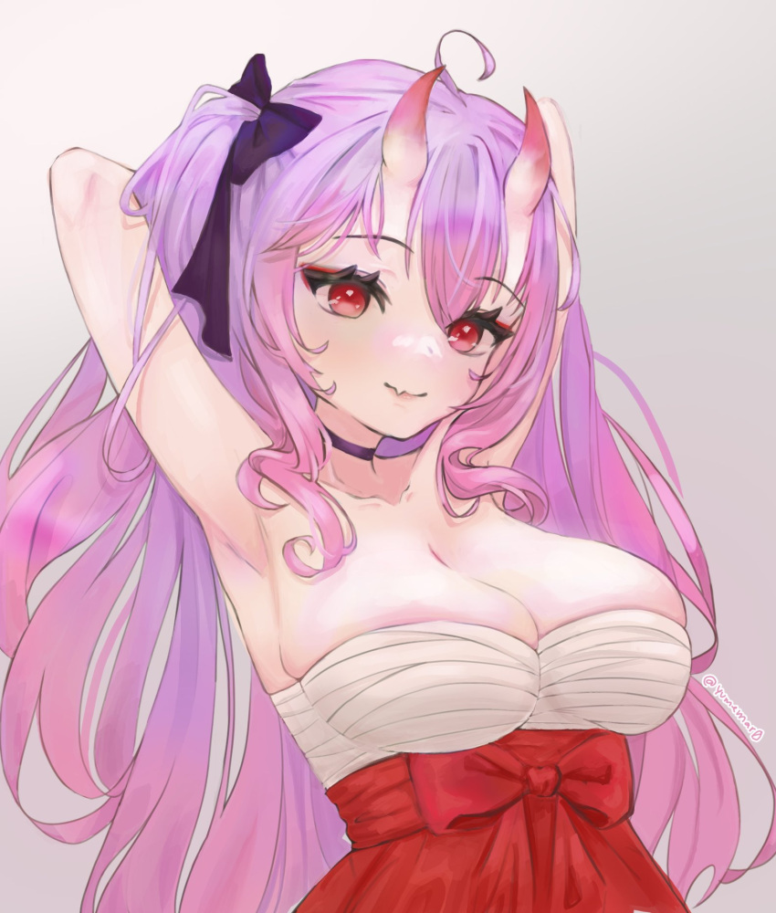 1girls ahoge artist_name big_breasts breasts choker cleavage female female_only hakama hands_behind_own_head happy horns indie_virtual_youtuber kamihoshi_project light-skinned_female light_skin looking_at_viewer monster_girl oerba_yun_fang oni oni_female oni_horns purple_hair red_eyes red_hakama skin_fang smile solo syd_(ecchigf) virtual_youtuber yumemar0