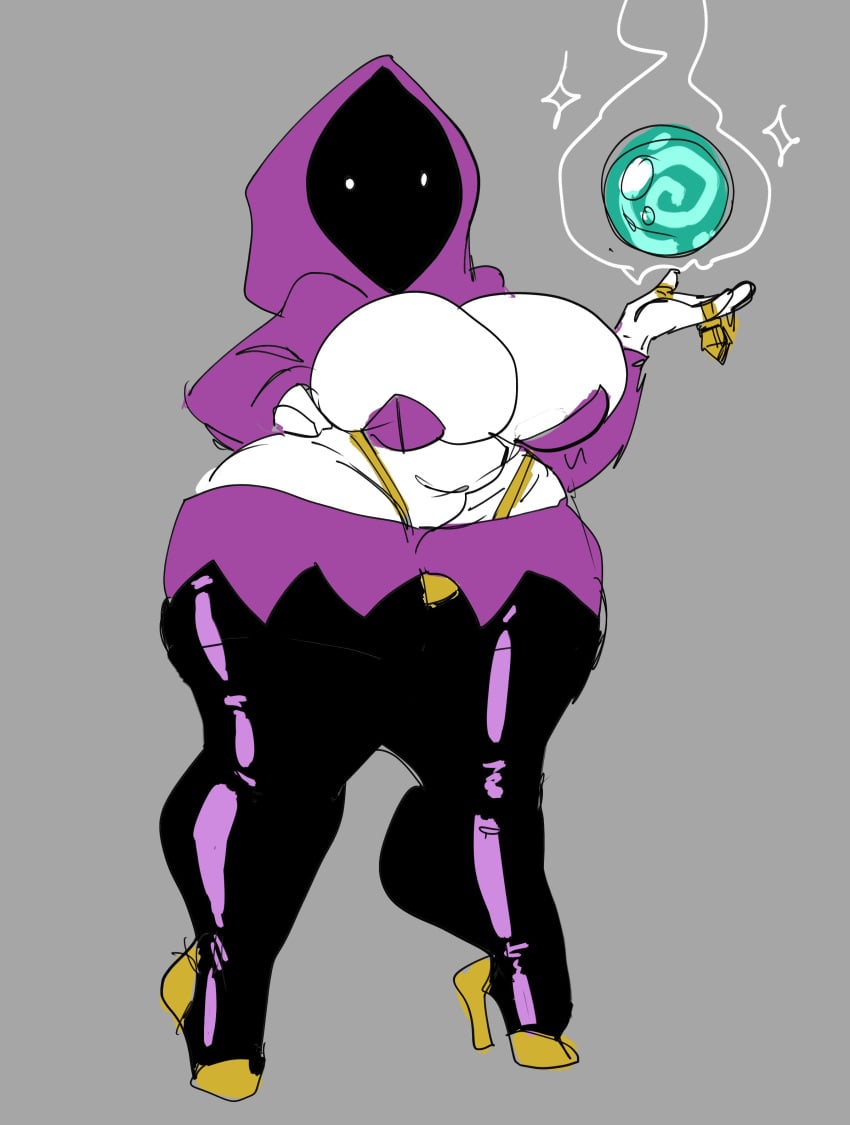 bling dedoggyskullz dot_eyes drip face_obscured female gold gold_jewelry high_heels huge_breasts orb shadow_wizard_money_gang simple_background thick_thighs