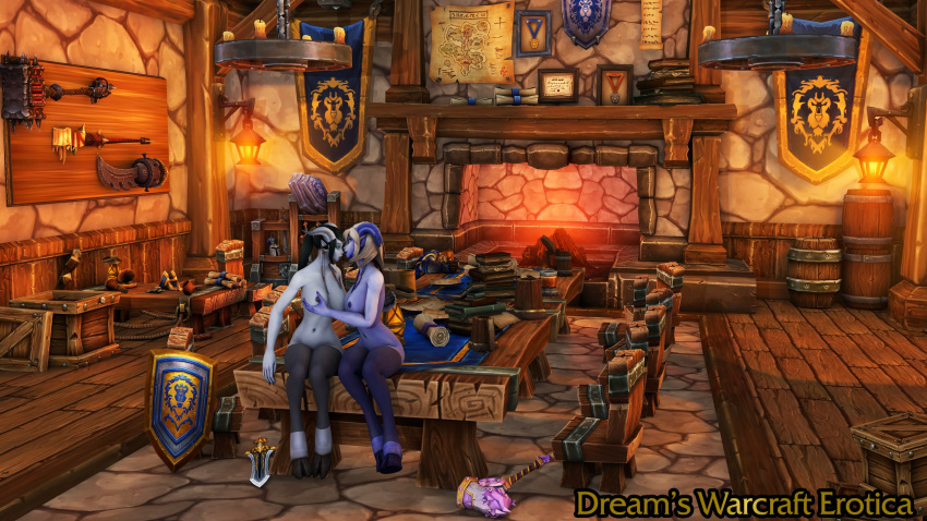 2girls 3d alliance_(warcraft) alliance_banner alliance_shield alliance_symbol blizzard_entertainment blue_skin breast_grab draenei dreamswarart stockings warcraft white_hair world_of_warcraft yrel yuri