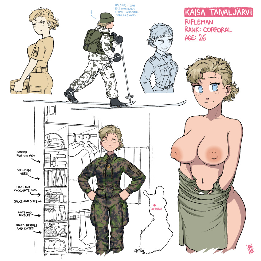 army_uniform big_breasts blonde_hair blue_eyes blush corporal curvaceous edited finnish hair_bun ostwindprojekt_(artist) rifleman skiing smiling undressing whistle