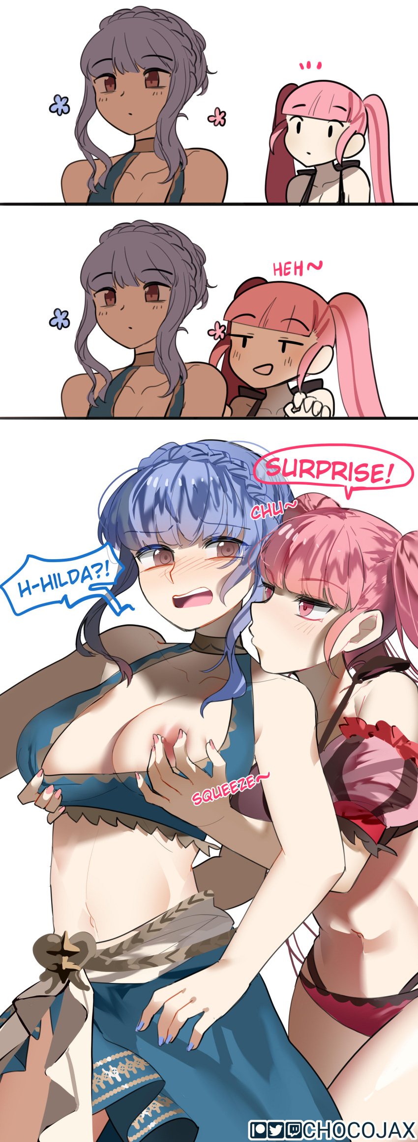 2girls alternate_costume big_breasts bikini bikini_pull blue_hair blush blushing breast_grab breast_grab_from_behind breasts chocojax female_only fire_emblem fire_emblem:_three_houses forced_exposure groping groping_breasts groping_from_behind hilda_valentine_goneril hilda_valentine_goneril_(summer) large_breasts marianne_von_edmund marianne_von_edmund_(summer) multiple_girls nintendo nipples official_alternate_costume painted_nails pink_hair surprised twintails yuri