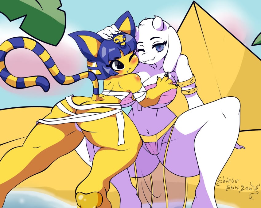 2girls animal_crossing ankha ankha_(animal_crossing) anthro artist_name ass big_breasts breasts curvy female female_only furry hi_res looking_at_viewer nile_(doubutsu_no_mori) nintendo one_eye_closed shirou_shirigamy thick_thighs toriel undertale undertale_(series) voluptuous white_fur wide_hips yellow_fur