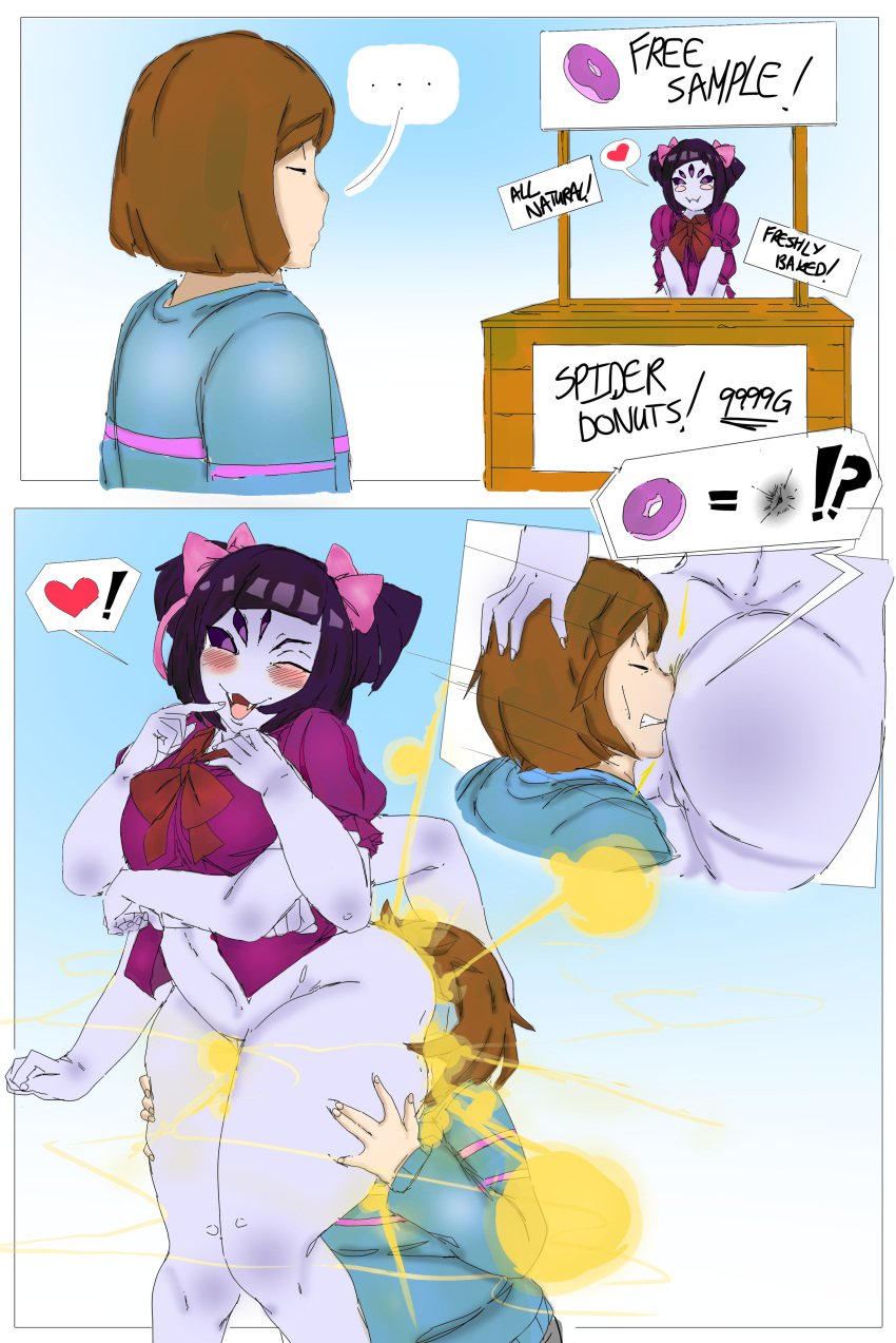 1boy 2d 2d_(artwork) 2d_artwork color color_edit english english_text fart fart_fetish farting farting_on_face female frisk hopippes lazei muffet spider spider_girl tagme text uncensored uncensored_vagina undertale undertale_(series)