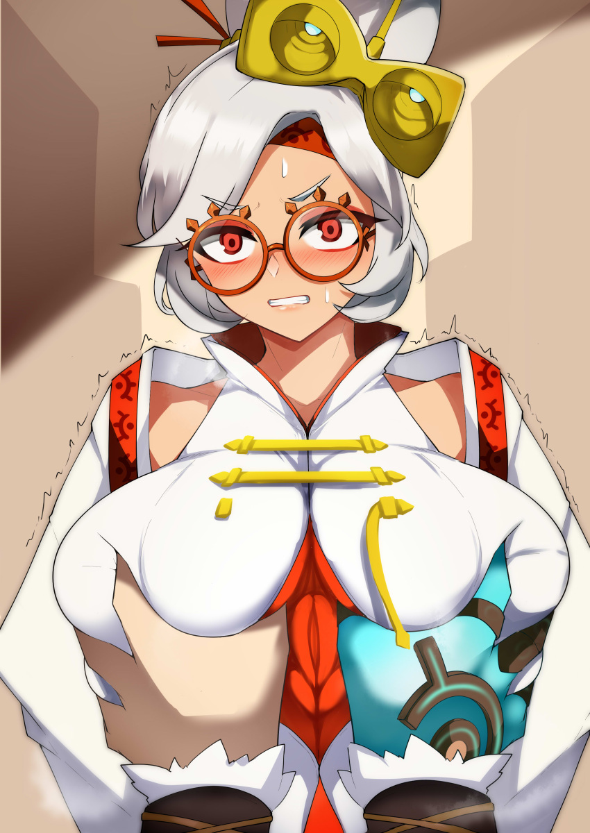 1girls alternate_breast_size big_breasts breasts busty curvaceous curvy curvy_body curvy_female curvy_figure female glasses groping_breasts huge_breasts large_breasts purah purah_(tears_of_the_kingdom) red_eyes round_glasses tea_texiamato tears_of_the_kingdom the_legend_of_zelda voluptuous