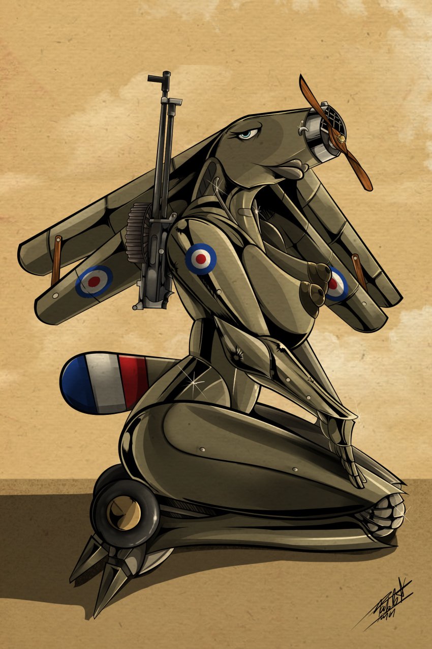 2022 absurd_res aeromorph aircraft airplane anthro bristol-f2 female gun hazarts hi_res humanoid living_aircraft living_airplane living_machine living_vehicle machine nipples non-mammal_nipples nude original_content pinup pose ranged_weapon solo vehicle weapon wings