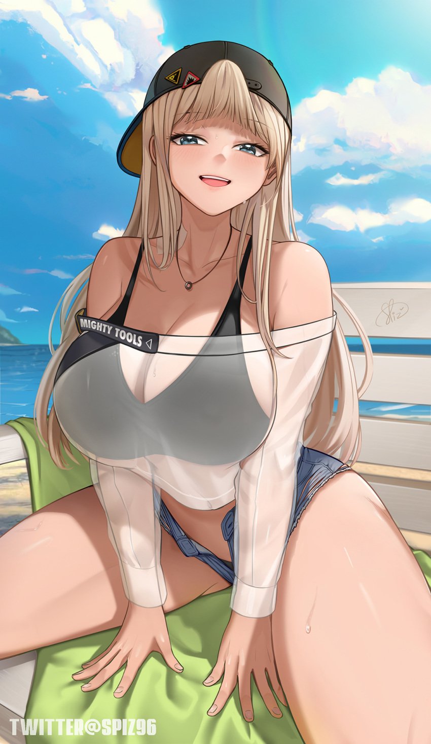 1girls alternate_costume backwards_baseball_cap bandage bare_shoulders black_underwear blonde_hair blue_eyes blush booty_shorts bra bra_visible_through_clothes breasts cap centi_(nikke) centi_(supreme_holiday)_(nikke) cleavage female female_only goddess_of_victory:_nikke hands_between_legs hat hi_res huge_breasts light-skinned_female light_skin long_hair looking_at_viewer navel necklace official_alternate_costume open_mouth open_smile see-through see-through_top shorts sitting smile solo spiz sweat sweating thick_thighs thighs