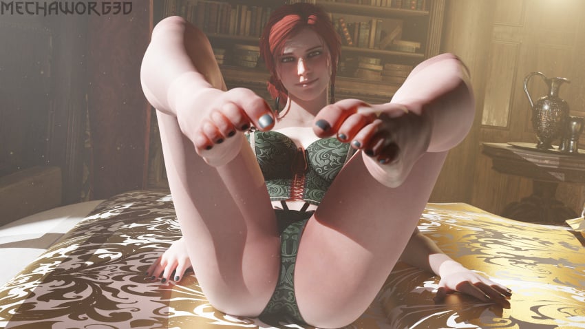 1girls 3d 8k absurd_res barefoot blender feet female_focus female_only foot_fetish foot_focus green_nails hi_res highres lingerie looking_at_viewer mechaworg3d nail_polish on_bed panties presenting_feet red_hair solo solo_female solo_focus the_witcher_(series) the_witcher_3:_wild_hunt triss_merigold underwear