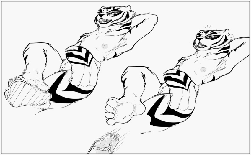 2023 anthro black_and_white breasts clothing dreamworks feet felid feline female footwear fur hi_res kung_fu_panda mammal master_tigress monochrome pantherine sandals sanido simple_background small_breasts solo stripes teeth tiger tongue