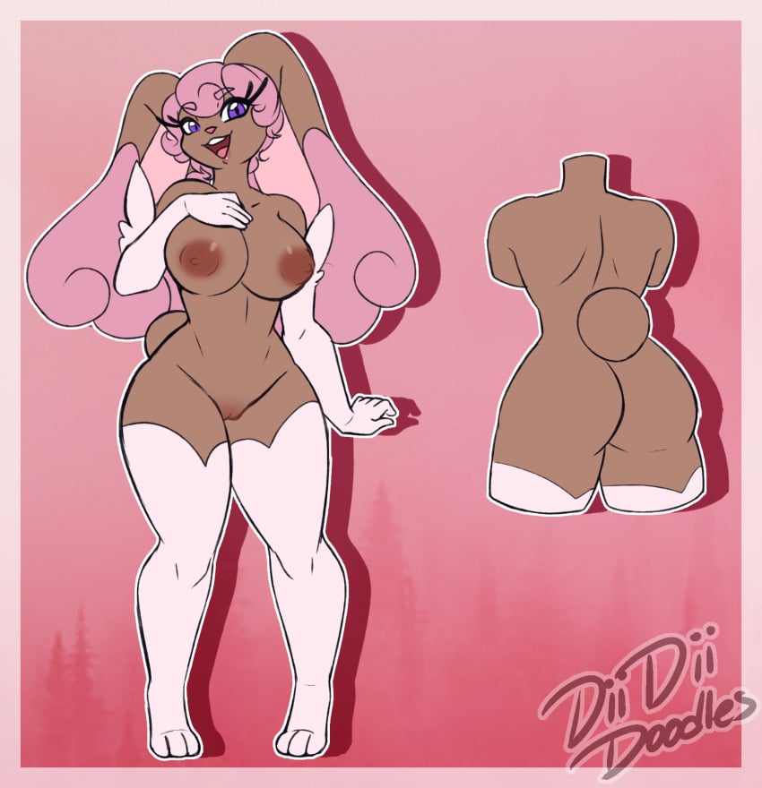 anthro big_breasts big_ears blissey breasts brown_body brown_fur diidiidoodles eyebrows female fur generation_2_pokemon generation_4_pokemon genitals hair hand_on_breast hi_res hybrid lopunny melissa_(sparkingyagi) model_sheet nintendo nipples pink_hair pokemon pokemon_(species) purple_eyes pussy shiny_pokemon smile solo