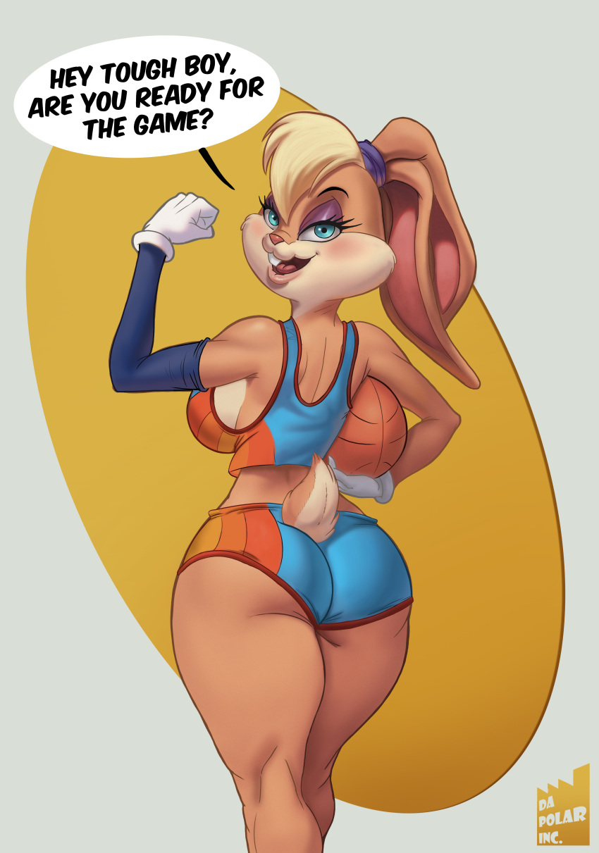 absurd_res athletic athletic_female athletic_wear big_ass big_boobs big_breasts big_butt blue_eyes blush blushing buckteeth bunny_tail da_polar_inc english_text eyelashes female hi_res highres lagomorph lola_bunny long_ears looking_at_viewer looking_back looney_tunes no_bra ponytail simple_background solo space_jam sports_uniform sportswear ssocrates standing