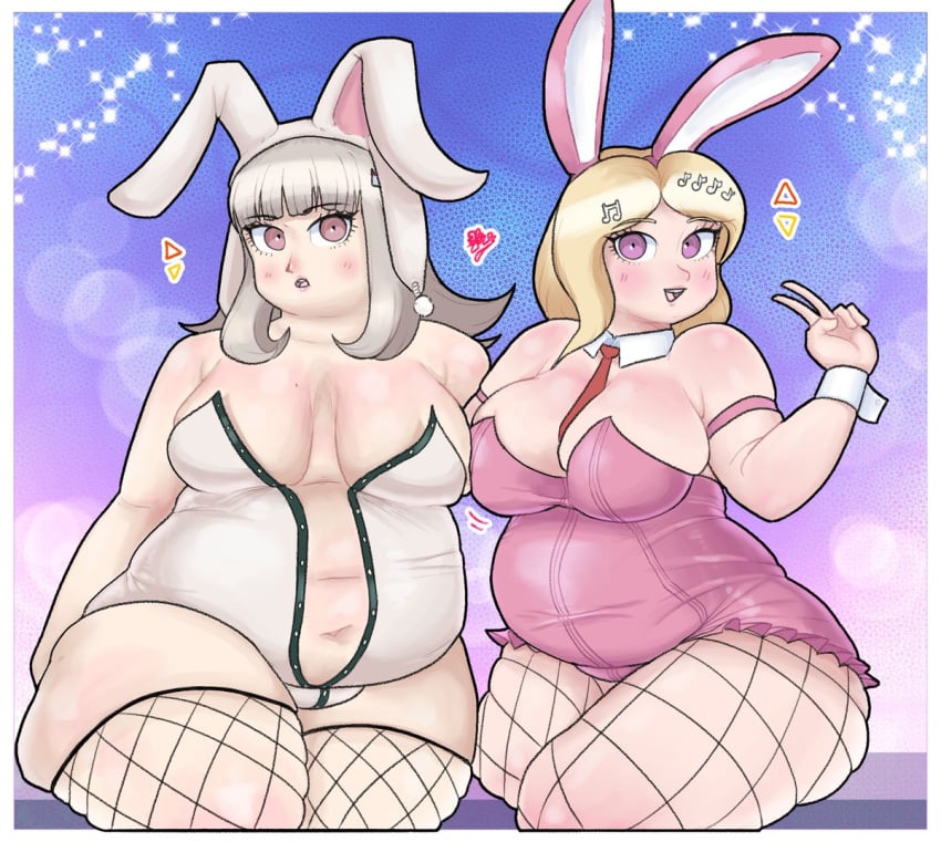 2girls akamatsu_kaede bare_thighs blonde_hair breasts bunny_ears bunny_girl bunnysuit chubby chubby_female danganronpa danganronpa_2:_goodbye_despair danganronpa_v3 easybee fat female female_only fishnets grey_hair large_breasts looking_at_viewer medium_hair morbidly_obese morbidly_obese_female multiple_girls nanami_chiaki open_mouth overweight overweight_female pink_eyes smile straight_hair thick_thighs thighhighs thighs