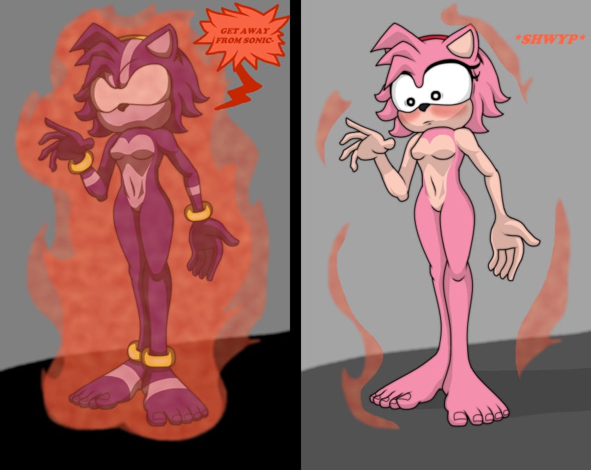 2023 5_fingers 5_toes amy_rose anklet barbie_doll_anatomy barefoot bracelet breasts comic dialogue embarrassed embarrassed_female embarrassed_nude_female enf eyelashes featureless_breasts feet furry headband hips humanoid_feet naked naked_female navel nude pink_fur pink_hair purple_fur purple_hair quills sega self_upload sonic_(series) sonic_and_the_secret_rings sonic_the_hedgehog_(series) superslogger sweat toenails toes transformation transformation_sequence