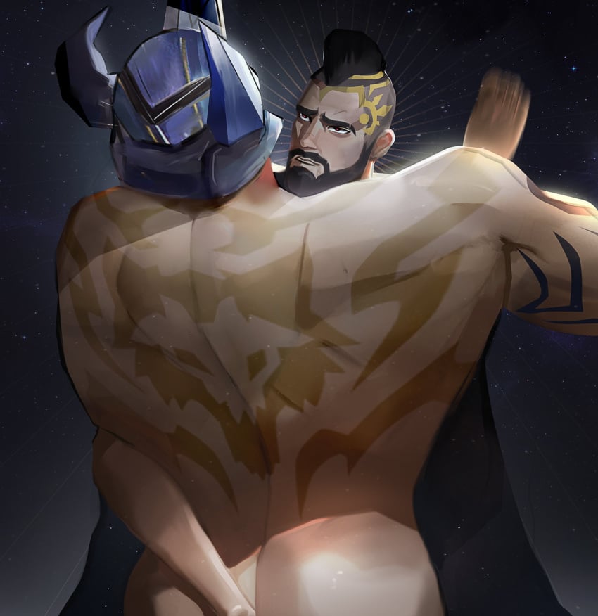 2boys ass atreus_(league_of_legends) back_tattoo bad_id bad_twitter_id bara beard brown_hair chest_hair completely_nude facial_hair fake_horns feet_out_of_frame from_behind gay glowing glowing_eyes head_on_another's_shoulder helmet highres horned_helmet horns implied_anal implied_sex league_of_legends long_beard male_focus mature_male mohawk mordekaiser motion_blur moustache multiple_boys muscular muscular_male nude pantheon short_hair sociopotato1 starry_background tattoo thick_eyebrows torogao undercut yaoi