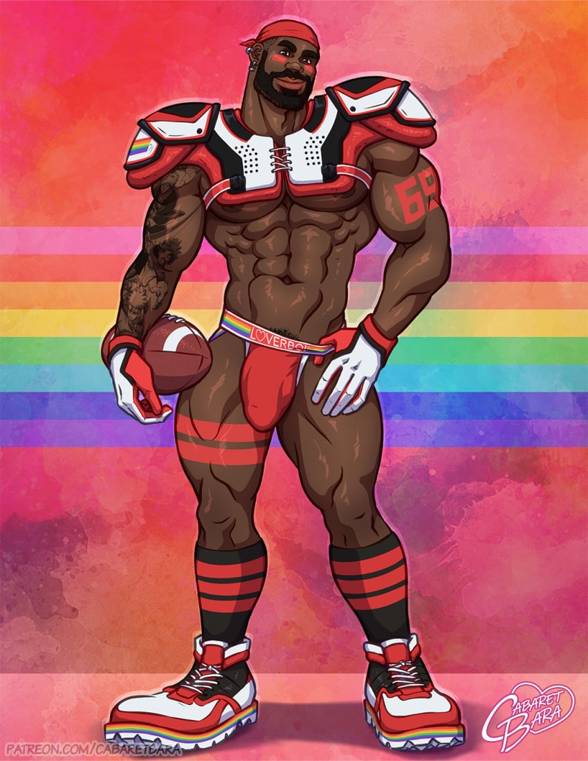 abs african african_male biceps bulging_biceps cabaret_bara cabaret_bara_series dark-skinned_male dark_skin darryl_(cabaret_bara) facial_hair football football_uniform gay gay_male jockstrap lgbt_pride looking_at_viewer male male_only melanin muscles muscular muscular_male pride_flag red smooth_chest smooth_skin standing tattoos thick_thighs twitter_user_oc underwear