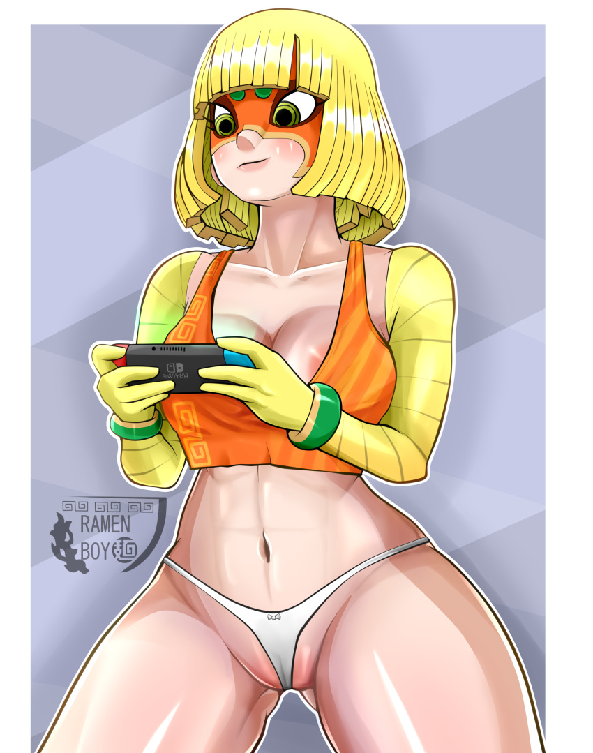 arms_(game) big_ass big_breasts blonde_hair bob_cut cleavage female girl green_eyes mask min_min min_min_(arms) ninten nintendo nintendo_switch panties playing_videogame pussy relaxing short_hair super_smash_bros._ultimate white_skin