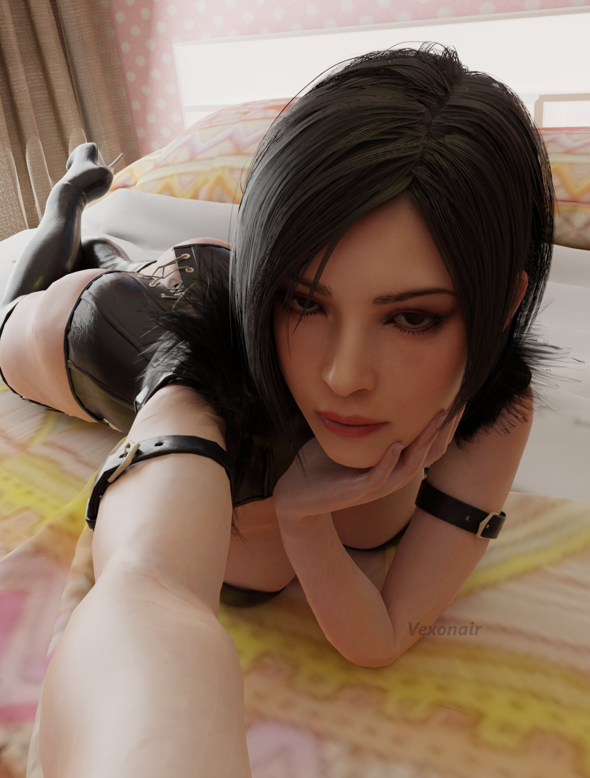 3d 3d_(artwork) ada_wong asian asian_female bed bedroom black_hair blender dark_hair holding_camera leather leather_boots lingerie lipstick looking_at_viewer lying_down lying_on_bed pov_eye_contact red_dress resident_evil resident_evil_4 resident_evil_4_remake seductive seductive_look vexonair