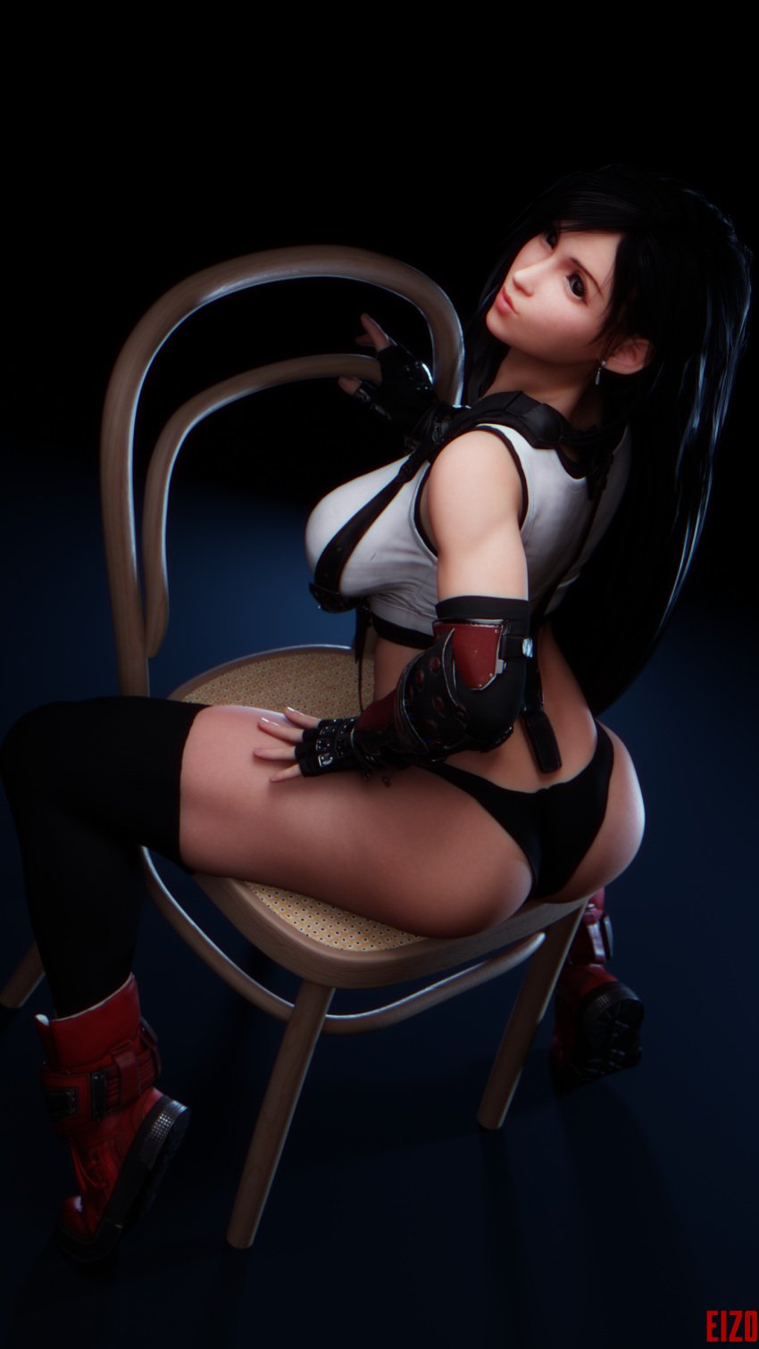 1girls 3d 3d_(artwork) black_hair black_panties blender blender_(software) blender_eevee boots chair eizo final_fantasy final_fantasy_vii final_fantasy_vii_remake long_hair puckered_lips red_eyes sitting sitting_on_chair stockings thong tifa_lockhart white_topwear