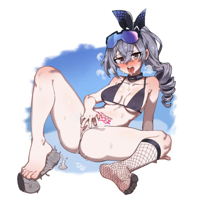 1boy arm_support barefoot bikini black_bikini blush bottomless breasts collarbone cum difman difmanm disembodied_penis drill_ponytail feet female fingering fingering_self fishnet_socks fishnets footjob goggles goggles_on_head grey_eyes grey_hair hair_between_eyes highres honkai:_star_rail honkai_(series) knee_up legs long_hair looking_at_viewer masturbation medium_breasts navel no_shoes open_mouth penis pussy silver_wolf_(honkai:_star_rail) single_sock socks soles solo_focus stomach_tattoo straight sweat swimsuit tattoo teeth testicles toenails toes tongue tongue_out uncensored upper_teeth_only