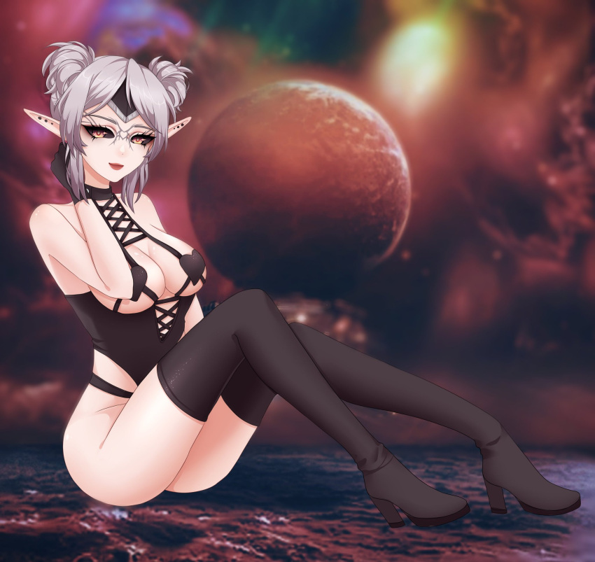 1girls alien alien_girl big_breasts breasts clothed clothing face_markings face_tattoo female female_only galaxy galexi grey_hair heel_boots indie_virtual_youtuber light-skinned_female light_skin looking_at_viewer markings planet pointy_ears revealing_clothes seductive skimpy_clothes smile solo space space_background tattoos telzhandris virtual_youtuber yellow_eyes