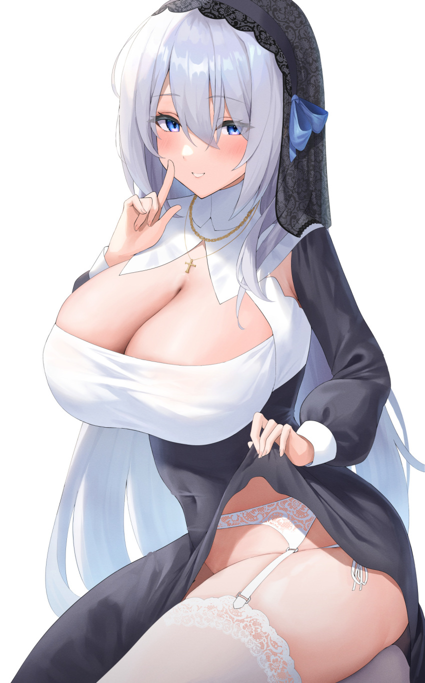 1girls blue_eyes blush breasts cleavage cross dress female female_only futon_fly_away garter_straps habit huge_breasts light-skinned_female light_skin long_hair nun original panties sitting smile solo thighhighs white_hair