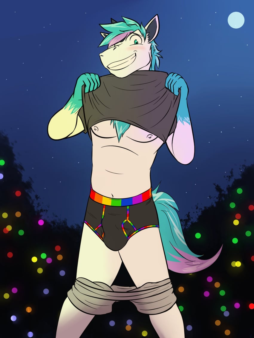 anthro anthrofied black_briefs black_clothing black_underwear blush bottomwear bottomwear_down briefs bulge clothed clothing clothing_lift exhibitionism full_moon fuze galarian_form galarian_ponyta genital_outline hi_res looking_at_viewer male male_only moon multicolored_briefs multicolored_clothing multicolored_underwear night nintendo nipples outside pantsless partially_clothed penis_outline pokemon pokemon_(species) pokemorph rainbow_briefs rainbow_clothing rainbow_underwear regional_form_(pokemon) shirt shirt_lift shorts shorts_down solo topwear underwear