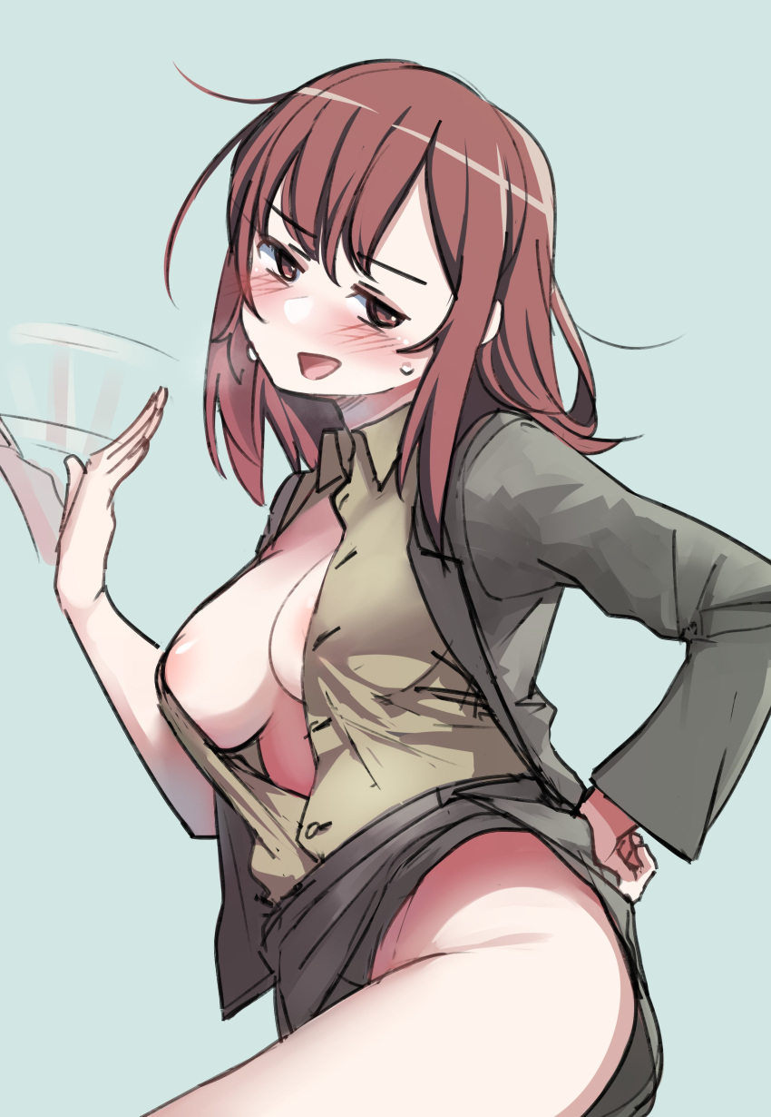 absurdres afterimage blush breasts breasts_out brown_eyes brown_hair cleavage clothes_lift collared_shirt fanning_self female grace_maitland_steward highres jacket large_breasts leg_up legs long_hair luminous_witches m1saki_1 messy_hair military military_uniform miniskirt nipple_slip nipples no_bra no_panties open_clothes open_jacket open_mouth open_shirt pencil_skirt puffy_nipples shirt simple_background skirt skirt_lift smile solo solo_focus stomach sweat sweatdrop thighs uniform world_witches_series