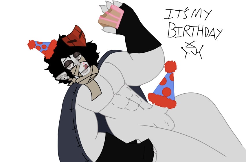 ballzz blind cake cape gay gloves grim_(ballzz) incredibox_mod incredibox_oc licking_lips male_only man_boobs mask oc only_male original_character party_hat penis polo_(incredibox) toony