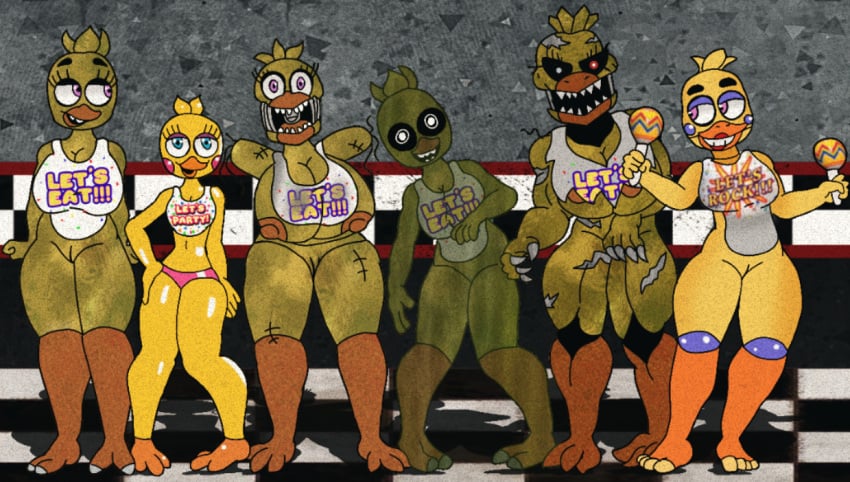 6girls beak big_breasts big_thighs chica_(fnaf) classic_chica_(fnaf) eyelashes five_nights_at_freddy's five_nights_at_freddy's_2 five_nights_at_freddy's_3 five_nights_at_freddy's_4 freddy_fazbear's_pizzeria_simulator furu_flami huge_breasts humanoid jonathan_joestar's_approval maracas muscular_female naked_female nightmare_chica nightmare_chica_(fnaf) no_humans non-human non-human_only panties phantom_chica rockstar_chica sharp_teeth toy_chica toy_chica_(fnaf) visible_pussy withered_chica