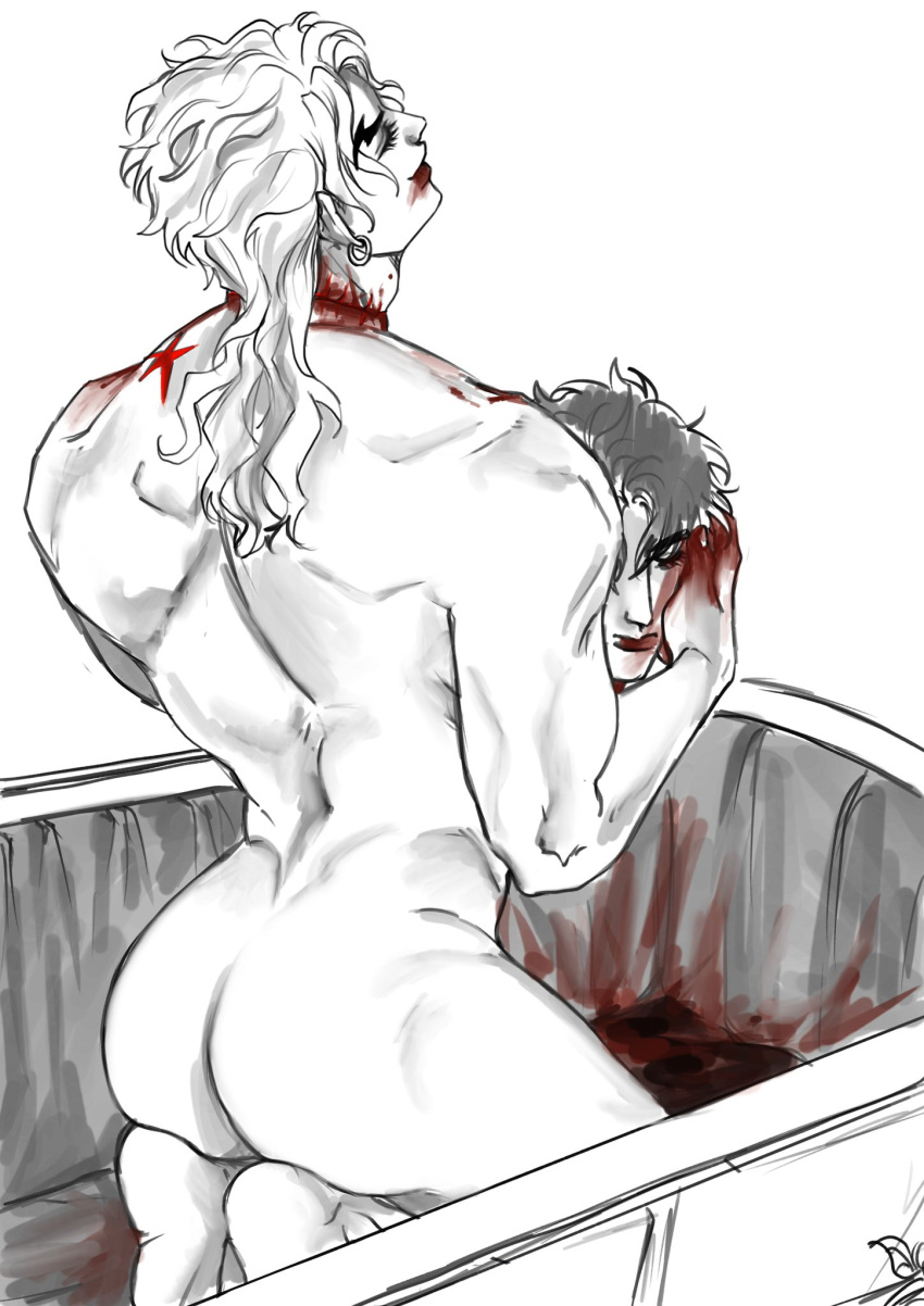 1boy ass bathtub birthmark blood chain12123871 closed_eyes completely_nude dio_brando gay guro indoors joestar_birthmark jojo's_bizarre_adventure jonathan_joestar long_hair male male_focus muscular muscular_male nude phantom_blood scar scar_on_neck severed_head smile stardust_crusaders