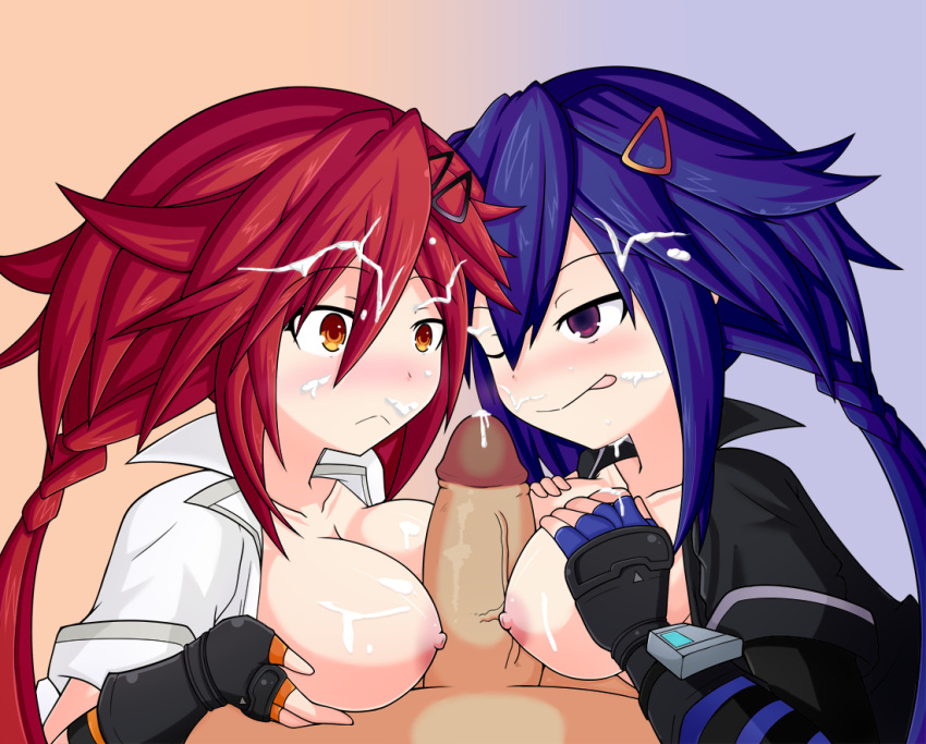 1boy 2girls blue_hair blush breasts collaborative_paizuri cum_on_body ejaculation hairclip hand_on_breast kurome_ankokuboshi licking_lips light-skinned_female neptunia_(series) nipples orange_eyes paizuri penis pov purple_eyes red_hair santystuff uzume_tennouboshi