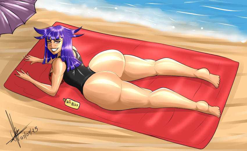 ass ass_bigger_than_head ass_bigger_than_torso beach big_ass big_butt bottom_heavy bubble_ass bubble_butt cate_(dual_dragons) curvaceous curvy curvy_figure enormous_ass female female huge_ass huge_butt laying_down looking_at_viewer one-piece_swimsuit original_character purple_hair red_eyes sixpathoffriendship smile swimsuit thick_ass thick_legs thick_thighs wide_hips