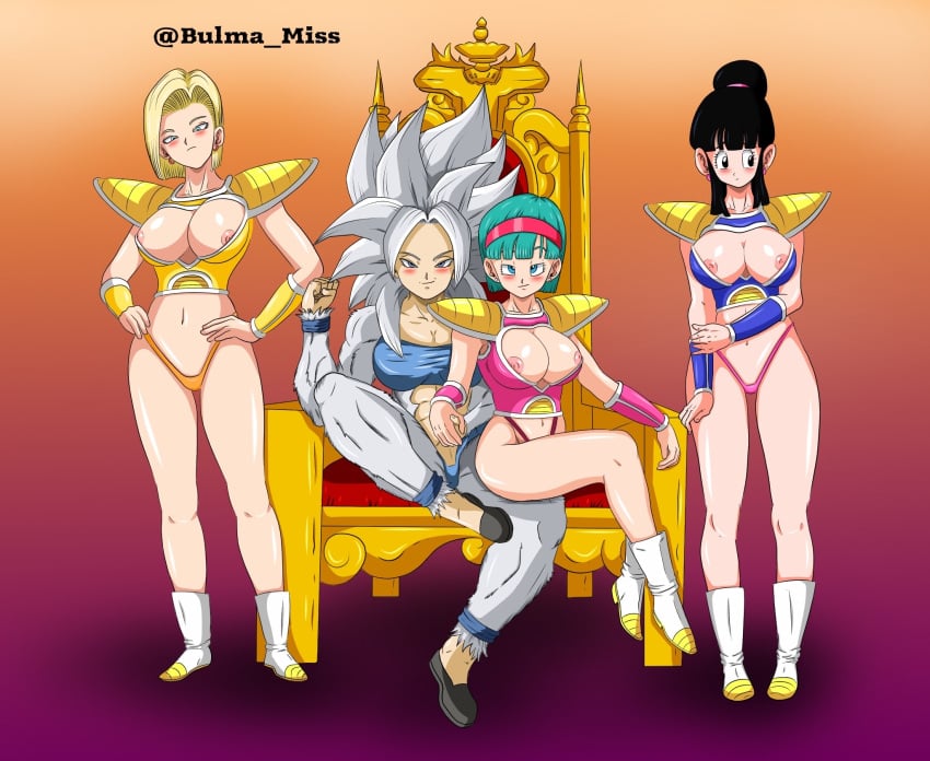 alternate_costume android_18 artist_request battle_armor black_hair blonde_hair blue_hair blush bulma_briefs chichi cleavage cleavage_cutout clothing commission corruption dragon_ball dragon_ball_gt dragon_ball_super dragon_ball_xenoverse dragon_ball_z harem imminent_sex large_breasts light-skinned_female light_skin looking_at_viewer lunna mind_control multiple_girls nipple_slip oc original_character revealing_clothes saiyan_armor saiyan_tail slave slavegirl super_saiyan_4 super_saiyan_5 thick_thighs thong throne transformation