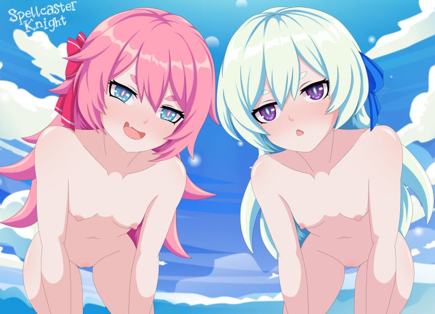 2girls accurate_art_style blue_hair exposed_pussy female female_only guns_girl heart-shaped_pupils honkai_(series) honkai_impact honkai_impact_3rd horn liliya_olenyeva long_hair looking_at_viewer multiple_girls no_panties open_mouth pink_hair pov rozaliya_olenyeva shaved_pussy showing_pussy smile smiling smiling_at_viewer spellcaster_knight twins