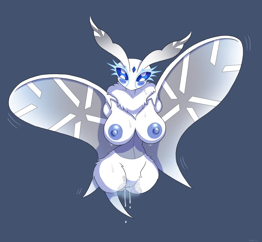 absurd_res antenna_hair antennae_(anatomy) anthro arthropod big_breasts blue_blush blue_eyes blue_nipples blue_pussy blush bodily_fluids breasts clothing corset curvy_figure female fluffy forehead_gem frosmoth fur generation_8_pokemon genital_fluids genitals grey_background hair hi_res hourglass_figure in_heat insects lepidopteran lingerie looking_at_viewer moth musk_clouds neck_tuft nikkosha nintendo nipples pokemon pokemon_(species) pussy pussy_juice simple_background small_waist solo sweat topwear tuft white_body white_fur wings