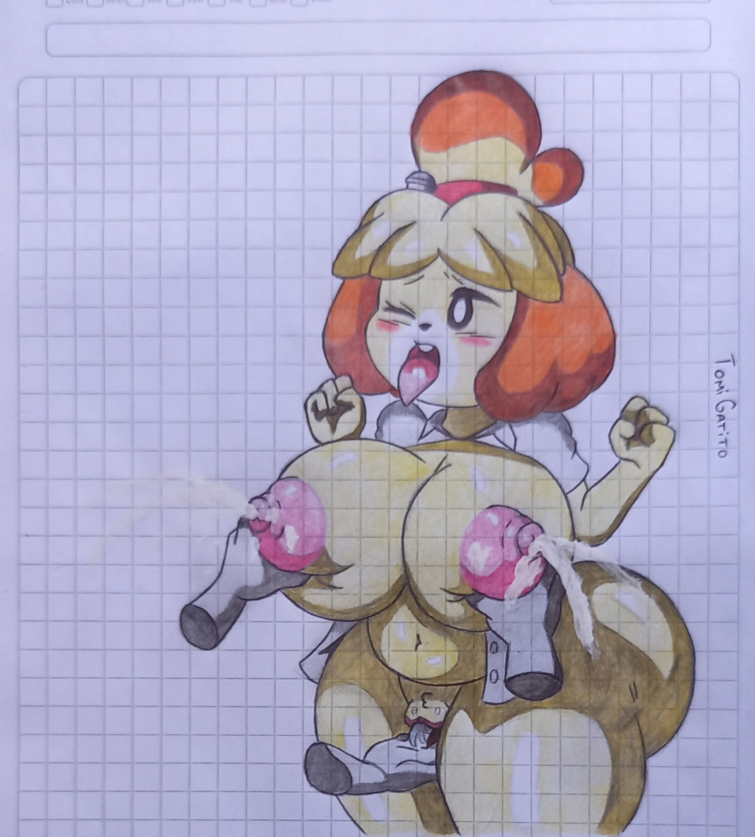 animal_crossing ass big_breasts big_butt bodily_fluids breasts canid canine canis clothing domestic_dog excited female fur genital_fluids genitals group hi_res humanoid isabelle_(animal_crossing) lactating lactating_nipples lactation mammal masturbation mitsumichi nintendo nipples nude open_mouth solo tomi_gatito yellow_body yellow_fur