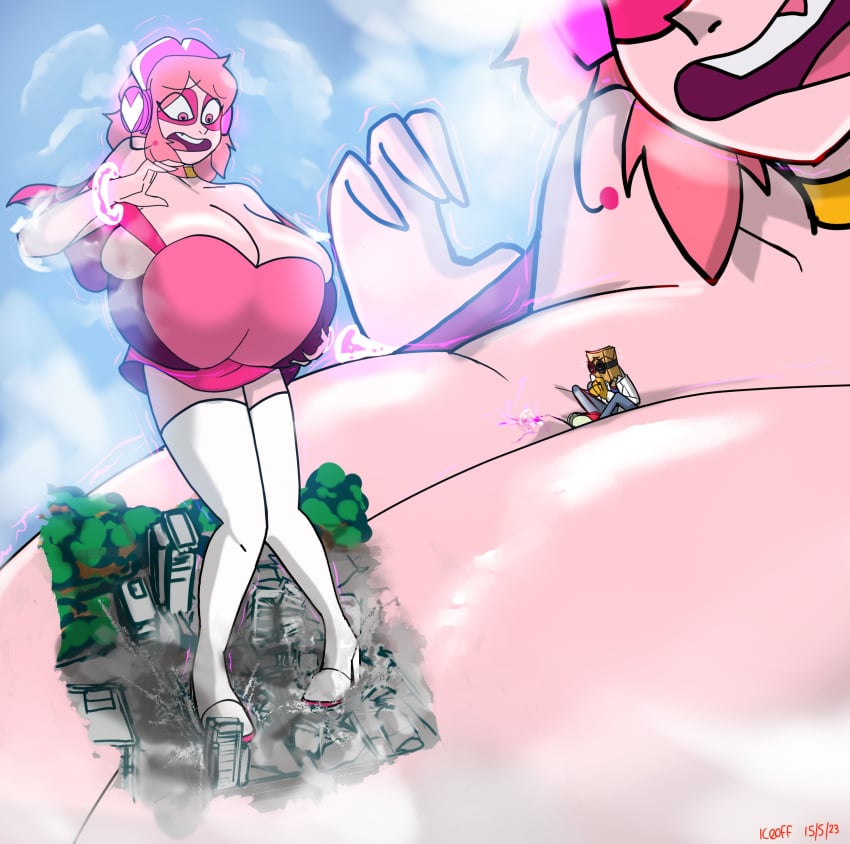 artist_request breast_expansion city cleavage deep_cleavage destruction dr._flug_(villainous) female female_focus giantess giantess_growth grabbing_own_breast huge_breasts macrophilia miss_heed_(villainous) pink_hair scared sitting_on_breasts smaller_male surprised villainous