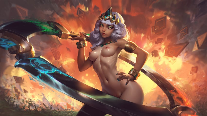 ai_generated armpits big_weapon blue_nail_polish blue_nails bracelet cavic0m crown dark-skinned_female dark_skin green_eyelashes green_eyelids league_of_legends legs naked naked_female necklace nipples nude nude_filter qiyana_yunalai red_nipples sexy_armpits small_breasts thighs thin thin_waist white_hair yellow_eyes