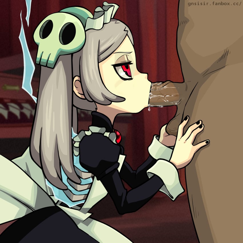 1boy 1girls :>= black_nails bloody_marie dark-skinned_male fondling_balls gnsisir interracial maid_uniform nail_polish oral oral_sex pale-skinned_female red_eyes ribcage saliva saliva_on_penis skeleton_pupils skeleton_torso skullgirls source_request