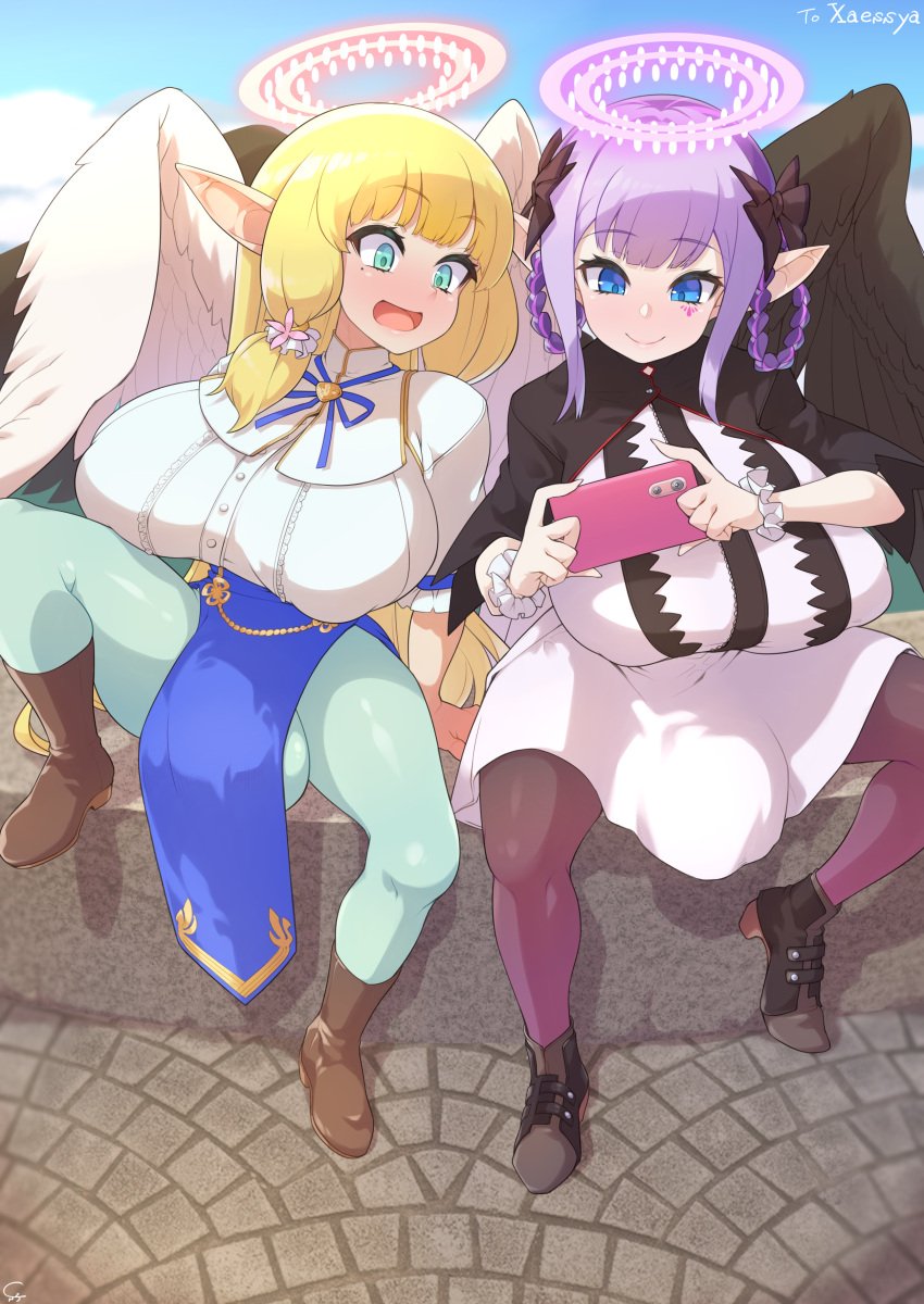 2futas alternate_hair_color angel angel_wings balls big_breasts blonde_hair blue_eyes breasts bulge clothed clothing combat_s-ko commission commissioner_upload duo elf elf_ears eonbound flaccid fully_clothed futa_only futanari goddess halo horny huge_balls huge_breasts huge_cock humanoid large_breasts light-skinned_futanari light_skin married married_couple milf multicolored_hair nocturna pantyhose penis pointy_ears shortstack sitting wings xaessya