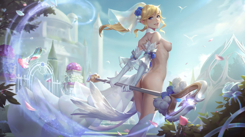 1girls ai_generated arms_behind_back bird blonde_hair cavic0m crystal_rose_lux crystal_rose_series elbow_gloves feet_out_of_frame flower gate high_ponytail league_of_legends looking_at_viewer looking_back luxanna_crownguard magic outdoors riot_games sidelocks skinny skinny_female small_breasts smile solo staff tagme thighhighs