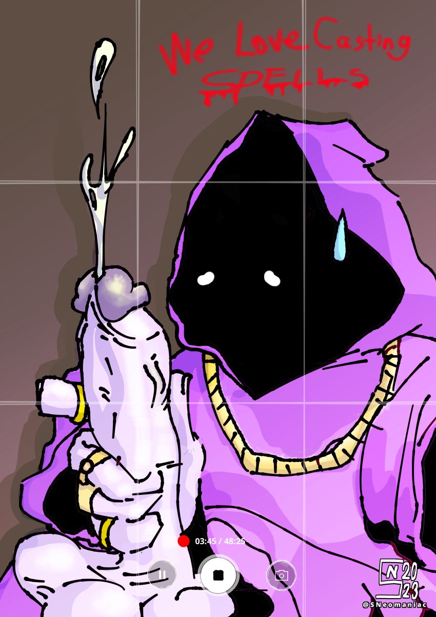 big_penis chains cloak cumming dot_eyes ejaculation hidden_face jewelry masturbation meme onlyfans pale_skin purple_cloak purple_penis purple_skin recording shadow_wizard_money_gang shadowy_neomaniac solo_focus solo_male sweatdrop wizard