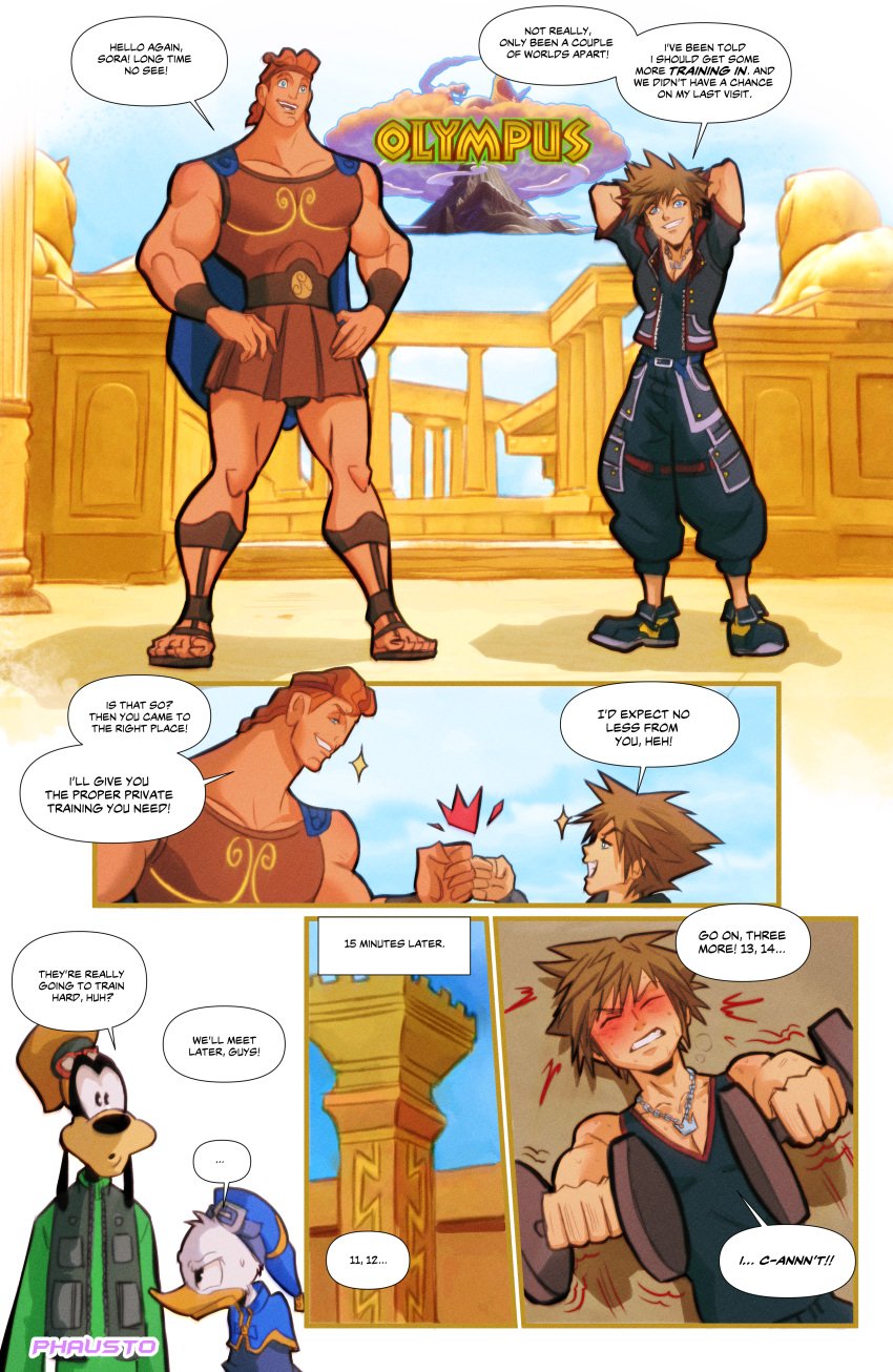 comic donald_duck gay goofy hercules_(character) hercules_(disney) kingdom_hearts male_only phausto sora working_out