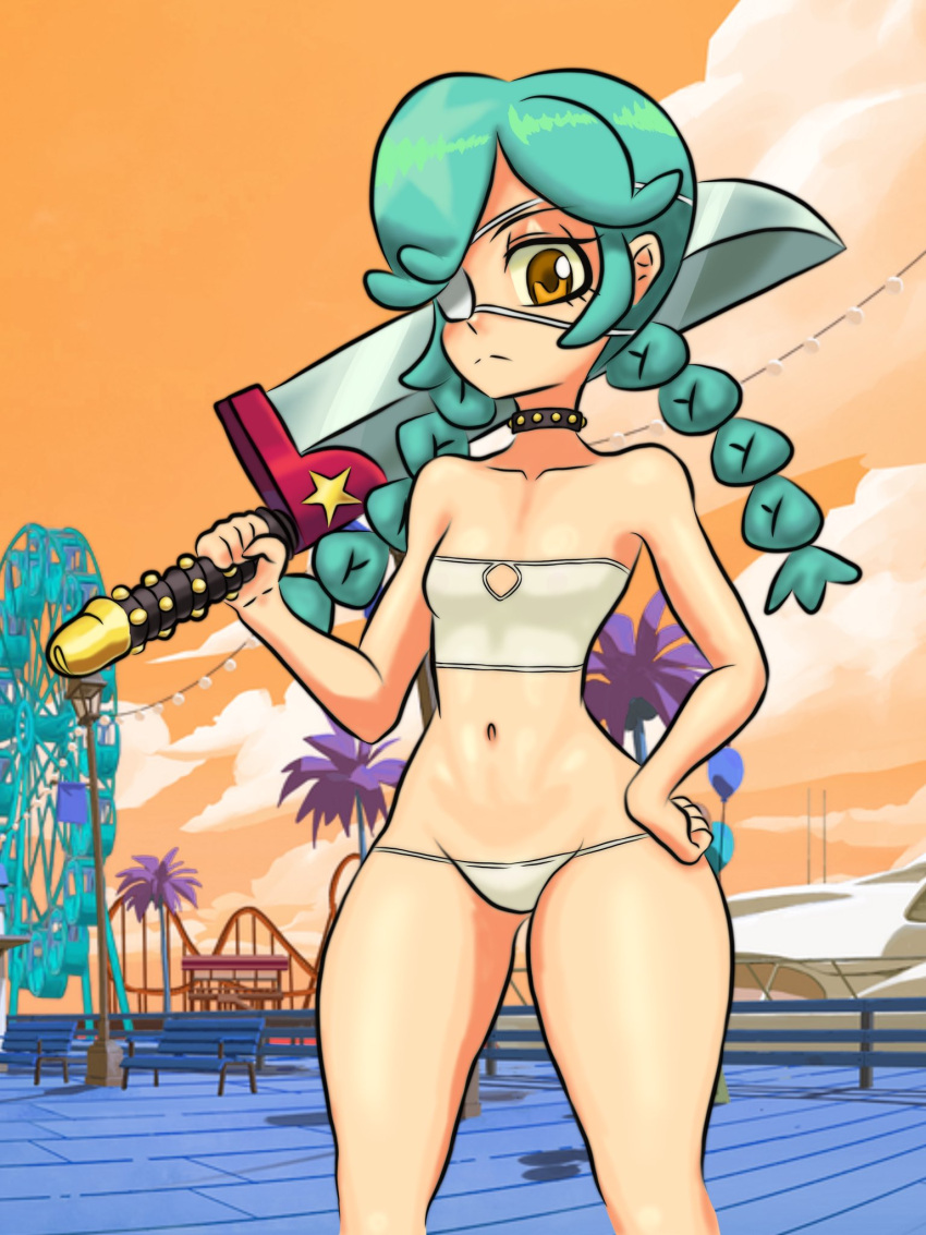 1girls 4m4y0r1 annie_(skullgirls) bench boardwalk braid breasts collar dildo eyepatch ferris_wheel green_hair hand_on_own_hip holding holding_sword holding_weapon lamppost navel palm_tree panties pier sex_toy skullgirls small_breasts solo spiked_collar spikes strapless sword tree tube_top twin_braids underwear weapon yellow_eyes