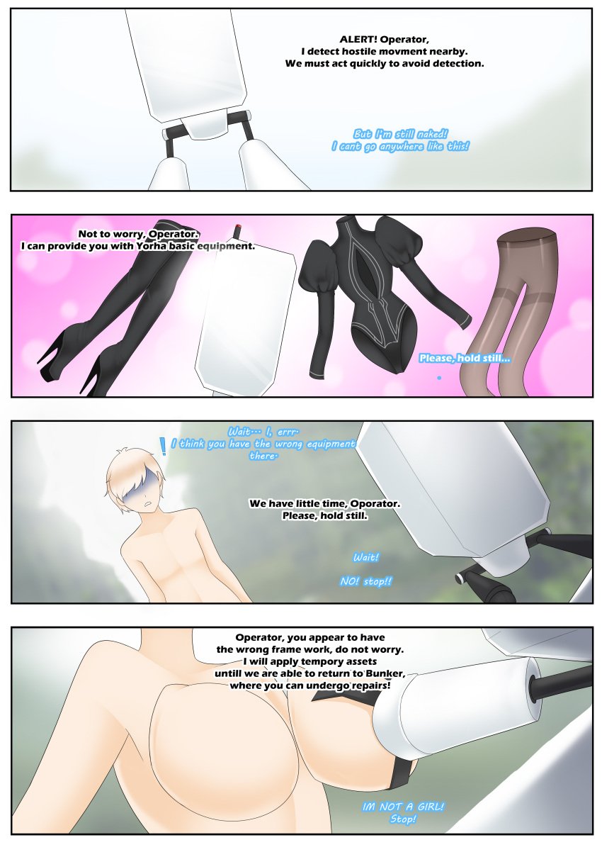 1boy beige_hair breasts comic dialogue english_text fake_breasts femboy feminization forced_feminization jesscatg light-skinned_male light_skin male nier nier:_automata text trap white_hair