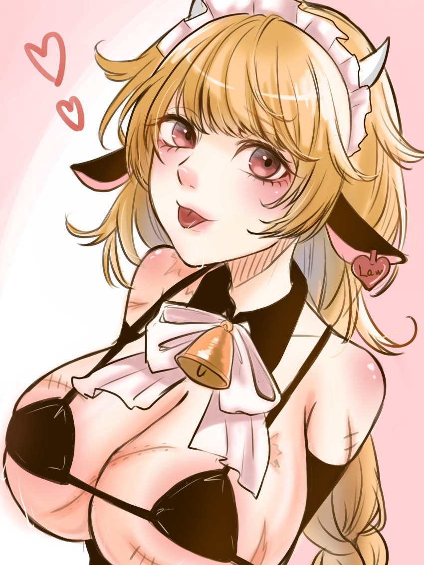 1girls big_breasts bikini_top black_bikini_top blonde_hair cleavage cow_ears cow_girl cow_horns cowbell detached_collar donquixote_rosinante ear_tag female female_only genderswap_(mtf) huge_breasts kemonomimi light-skinned_female light_skin long_hair looking_at_viewer maid_headdress micro_bikini one_piece red_eyes ringosandane rule_63 scars solo tongue_out upper_body