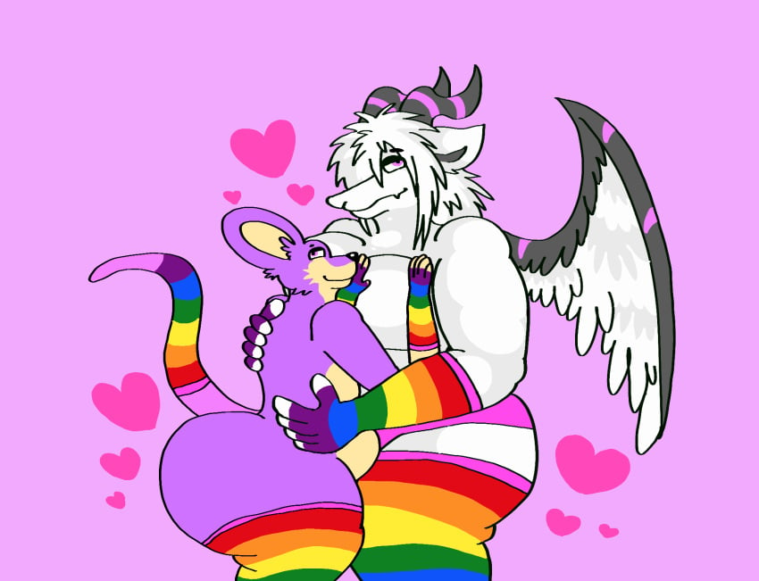 anthro ass ass big_ass big_butt couple couple_(romantic) dahliathefox dragon furry furry_only gay hug huge_ass huge_butt hyper_ass hyper_butt looking_at_viewer pride_color_clothing pride_colors rat ratty_(dahliathefox) siolyse_(elysios) smile smiling snuggle snuggling