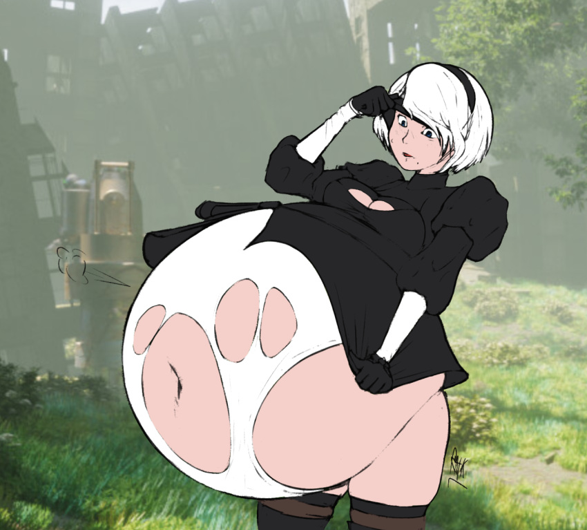 1girls bbw belly big_belly blindfold breasts clothing color color_edit female female_only hairband huge_belly hyper hyper_belly light-skinned_female light_skin nier nier:_automata raikovjaba short_hair solo theshmittmuncher thighhighs white_hair yorha_2b