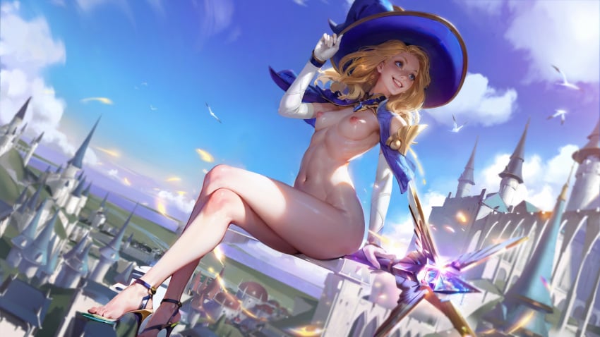 1girls ai_generated bird blonde_hair castle cavic0m crossed_legs curvy_female day daytime elbow_gloves flying happy heels high_heels league_of_legends long_hair luxanna_crownguard magician_hat medieval_series navel no_socks outdoors outside riot_games semi_nude shrug_(clothing) side_saddle_position skinny skinny_female small_breasts smile smiley_face solo sorceress_lux staff tagme white_gloves yellow_hair