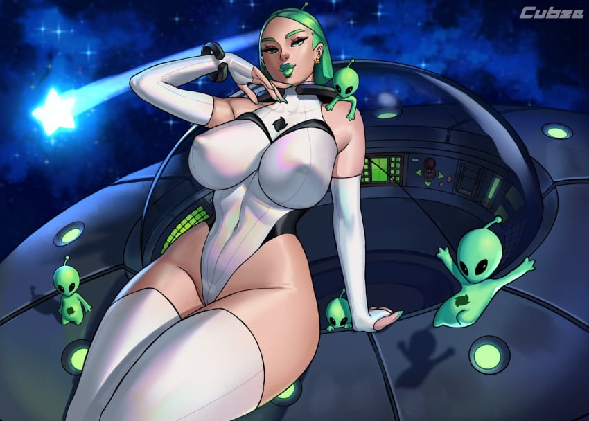 2d alien_girl cameltoe elbow_gloves eyeshadow female fingerless_gloves floating_object green_hair green_lipstick highleg highleg_leotard hourglass_figure huge_breasts leotard makeup nipple_bulge otto_cubze skin_tight solo_focus space thighhighs ufo