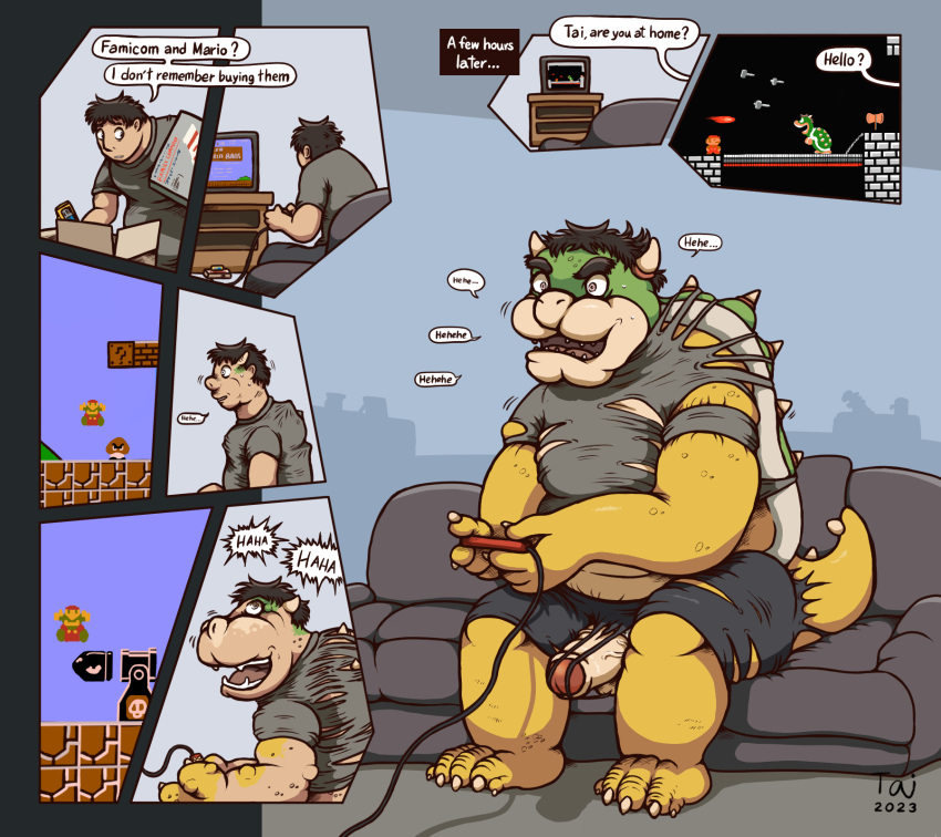 anthro black_hair bowser bullet_bill chubby_anthro clothing controller dialogue english_text erection famicom_console furniture game_controller game_screen gay genitals hair hi_res human laugh living_room male male/male mammal mario mario_(series) nintendo penis simple_background sofa solo species_transformation speech_bubble super_mario_bros. super_mario_bros._(nes) taitora text torn_clothing transformation transformation_sequence